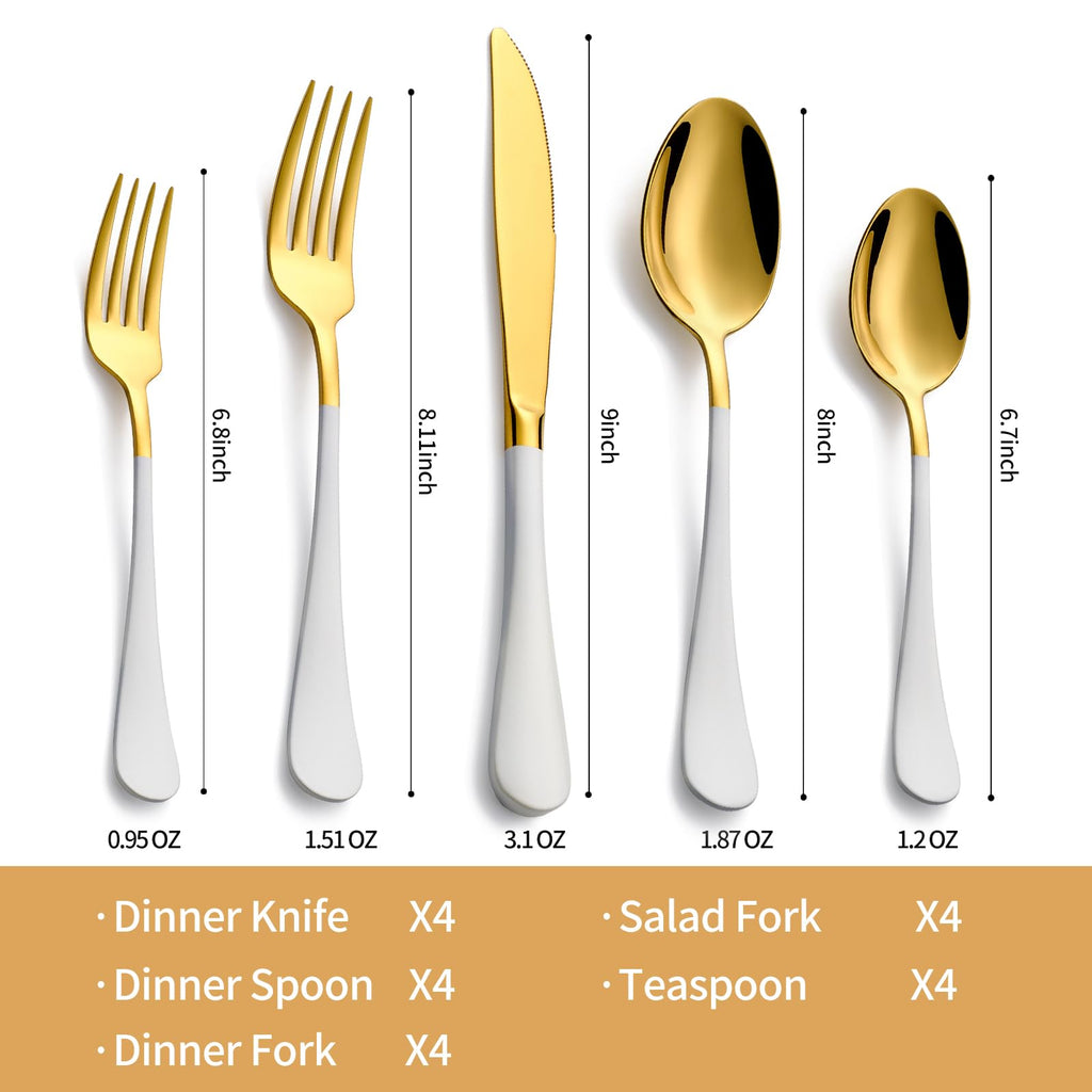 20-Piece White and Gold Silverware Set 18/0 Stainless Steel Silverware Set White Handle Cutlery Set Service for 4