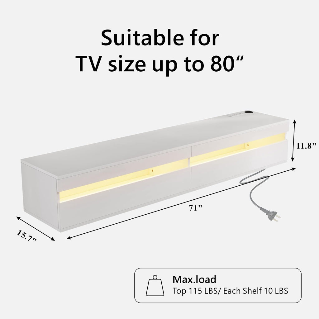 71" Floating TV Stand Wall Mounted, Solid Wood Entertainment Center with LED Lighting & Power Outlet, High-Gloss