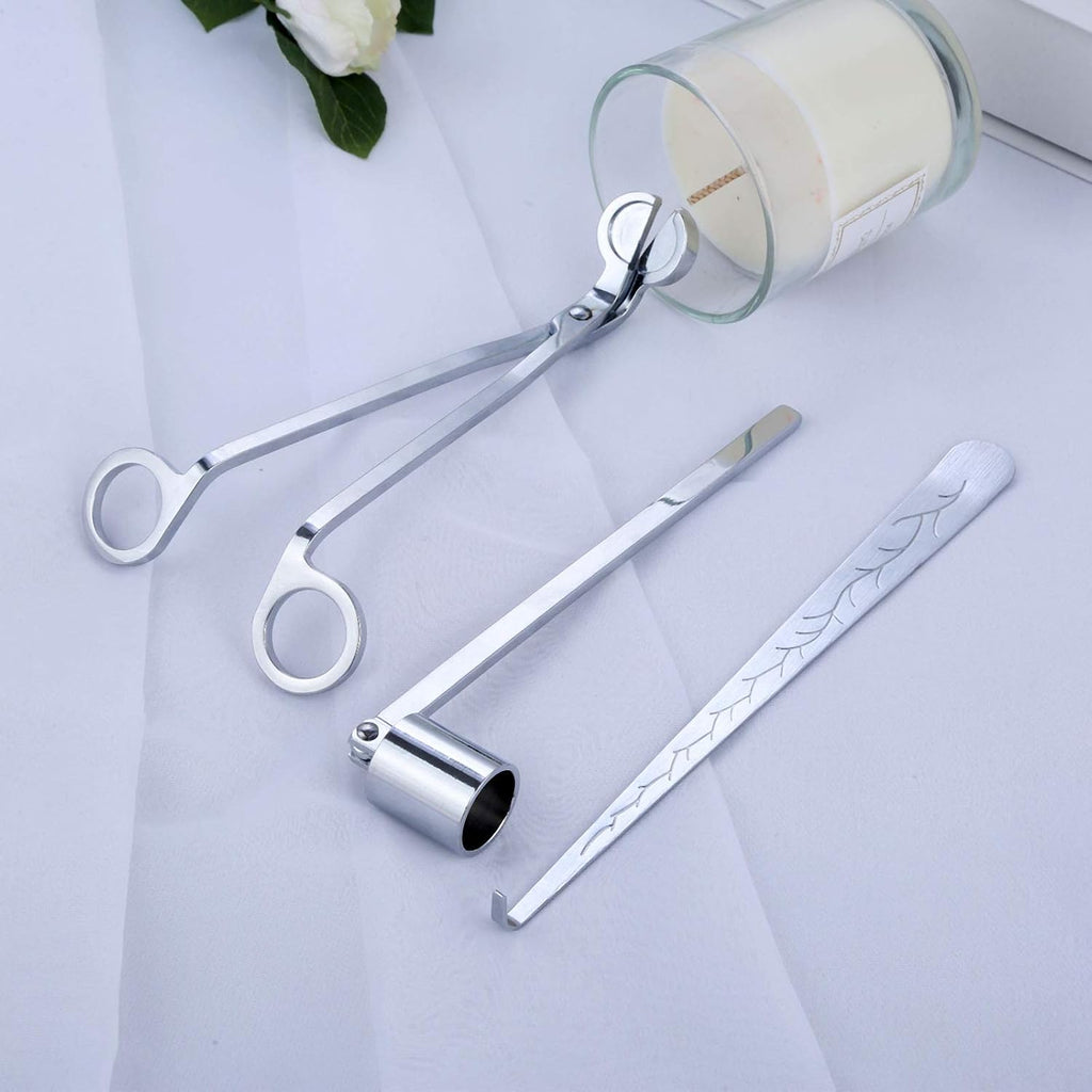 3 in 1 Candle Wick Trimmer Set, Snuffer, Dipper, Cutter, Silver - Set of 3