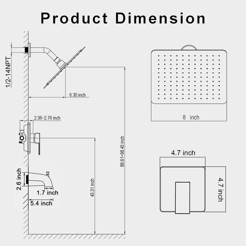 8" Square Rainfall Shower Faucet Set with Tub Spout, Matte Black