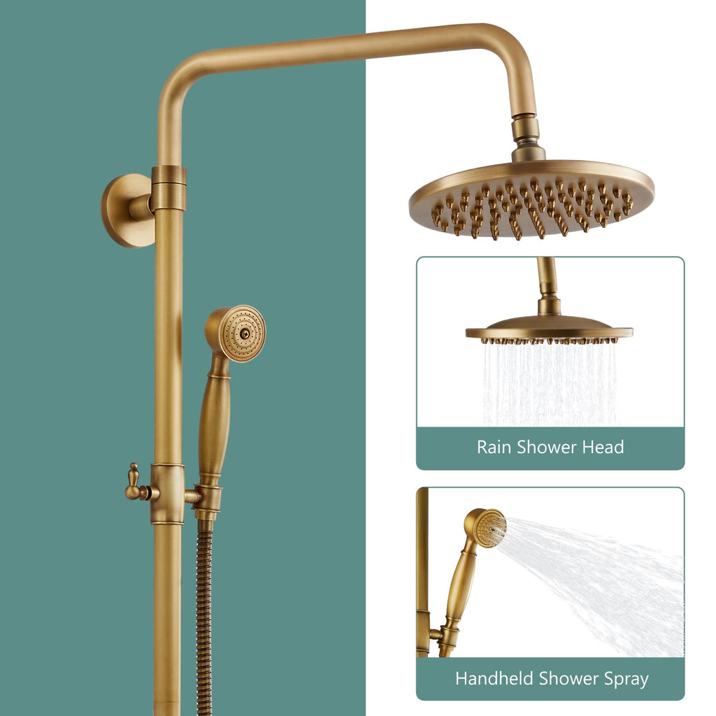 Dual Shower System, 8 Inch Rain Head, Handheld, Antique Brass