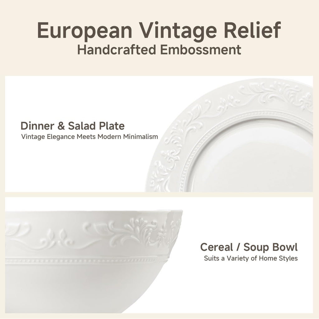 18Pcs Vintage Relief White Bone China Set, Service for 6