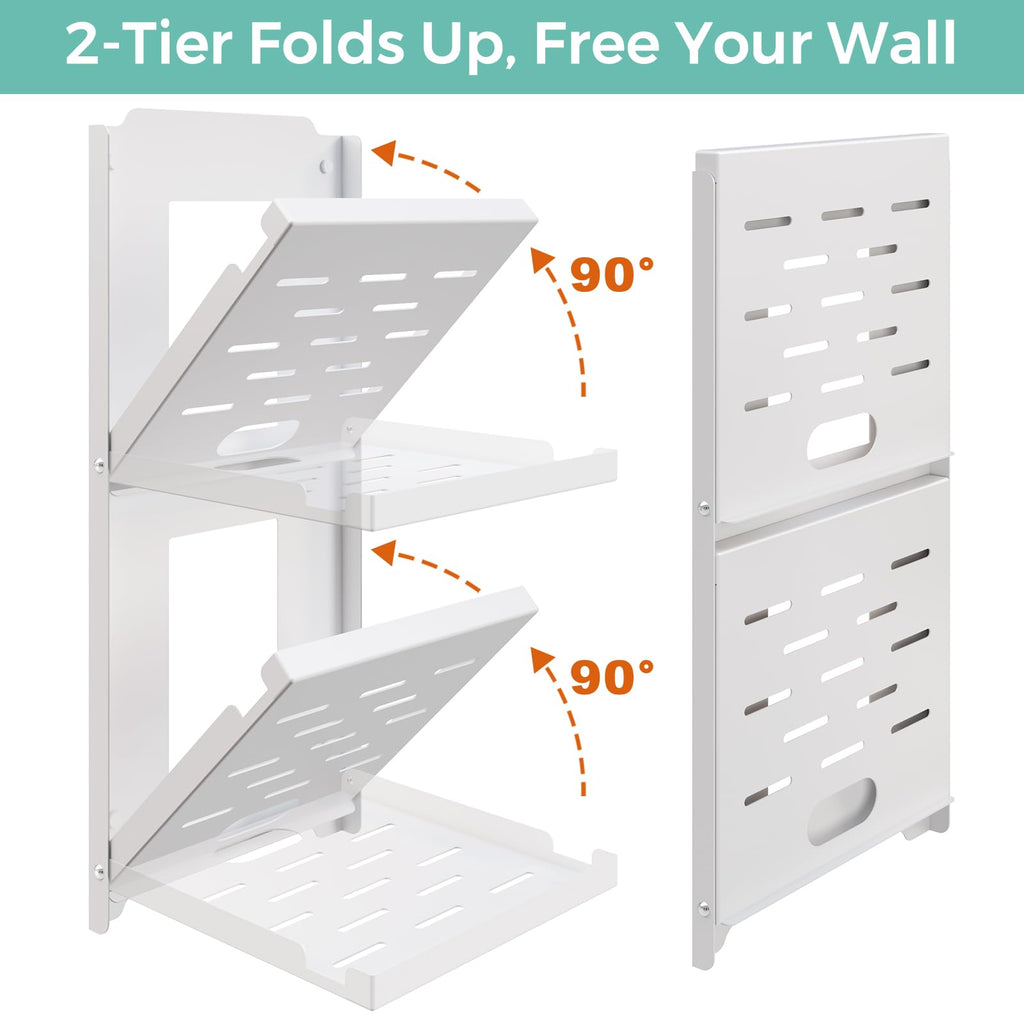 2-Tier Small Router Shelf Wall Mount - 7.5 inch Folding Metal Outlet Shelf w/Cable Holes | Dual-Layer & Stackable