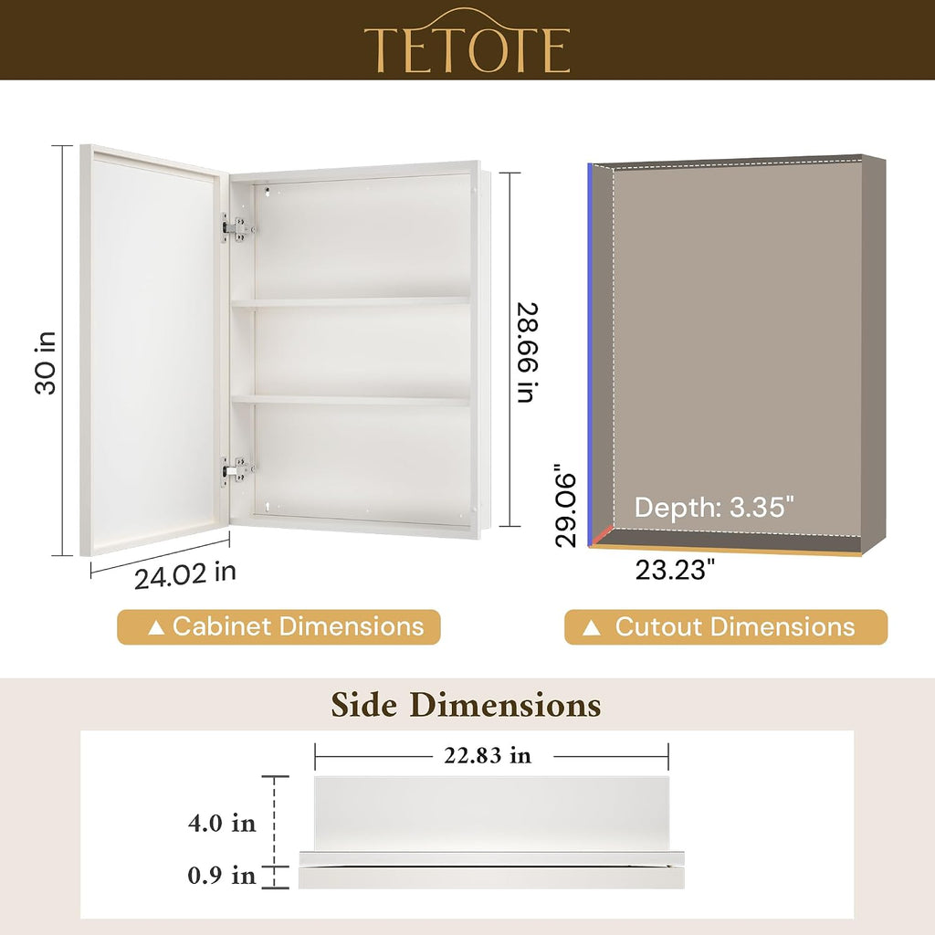 Medicine Cabinet 24" x 30" Bathroom Mirror with Storage White Medicine Cabinet with Mirror , Beveled Framed