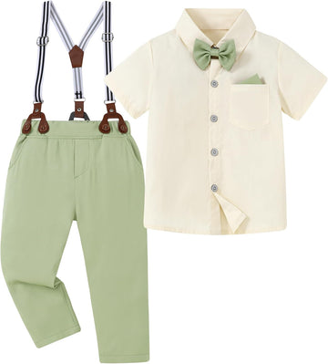 Toddler Boy Clothes Suit Wedding Outfit Boys Dress Shirt+Bowtie+Suspender Pants, Kids Gentleman Formal Set