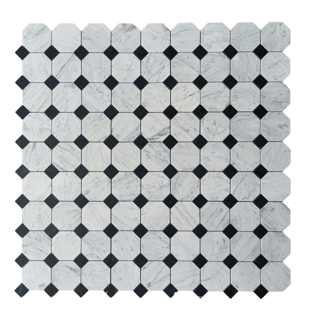 Carrara White Marble 4 inch Octagon Mosaic Tile w/Nero Marquina Black Dots Honed Kitchen Bath Wall Floor Backsplash