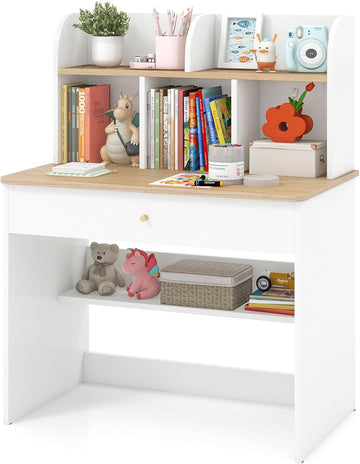 White Kids Desk, Wooden Children School Study Table with Hutch, Pull-Out Drawer, Storage Shelves, Student Writing