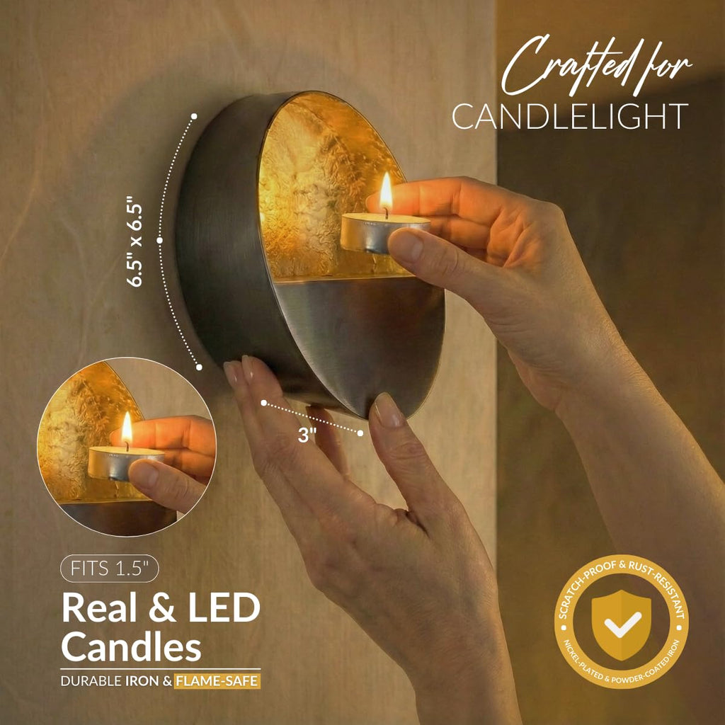 Eclipse Wall Candle Sconces Set of 2 - Round Tea Light Holders