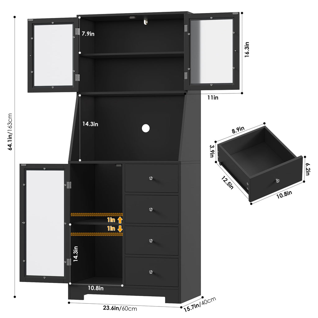 64'' Kitchen Pantry Storage Cabinet, Tall Kitchen Storage Cabinet with Microwave Stand, Hutch Cabinet with Adjustable