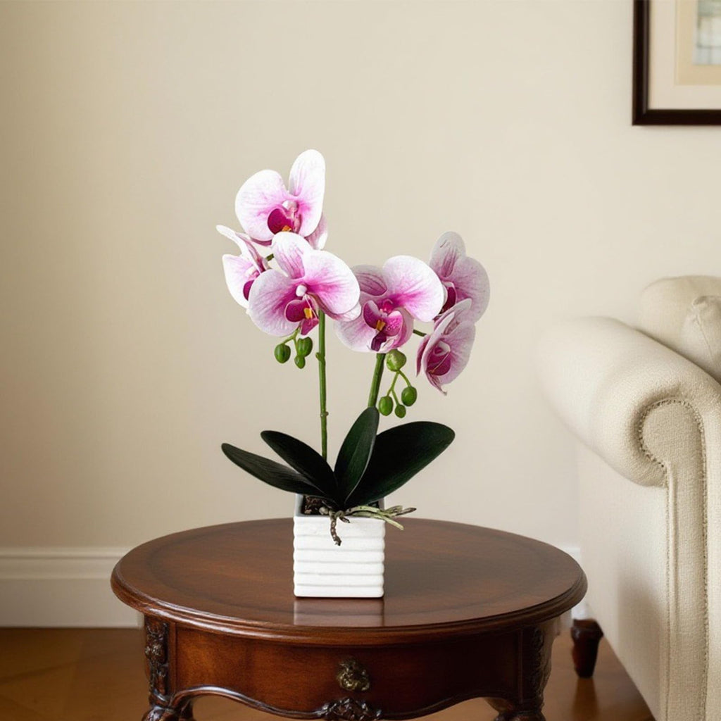 Artificial Orchids Decor Indoor with Vase Orchids Artificial Flowers White Purple Orchid Height 14 Inches