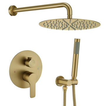 Brushed Gold Shower System Wall Mounted Shower Faucet Mixer Set with 12 Inches Rain Shower head and Handheld