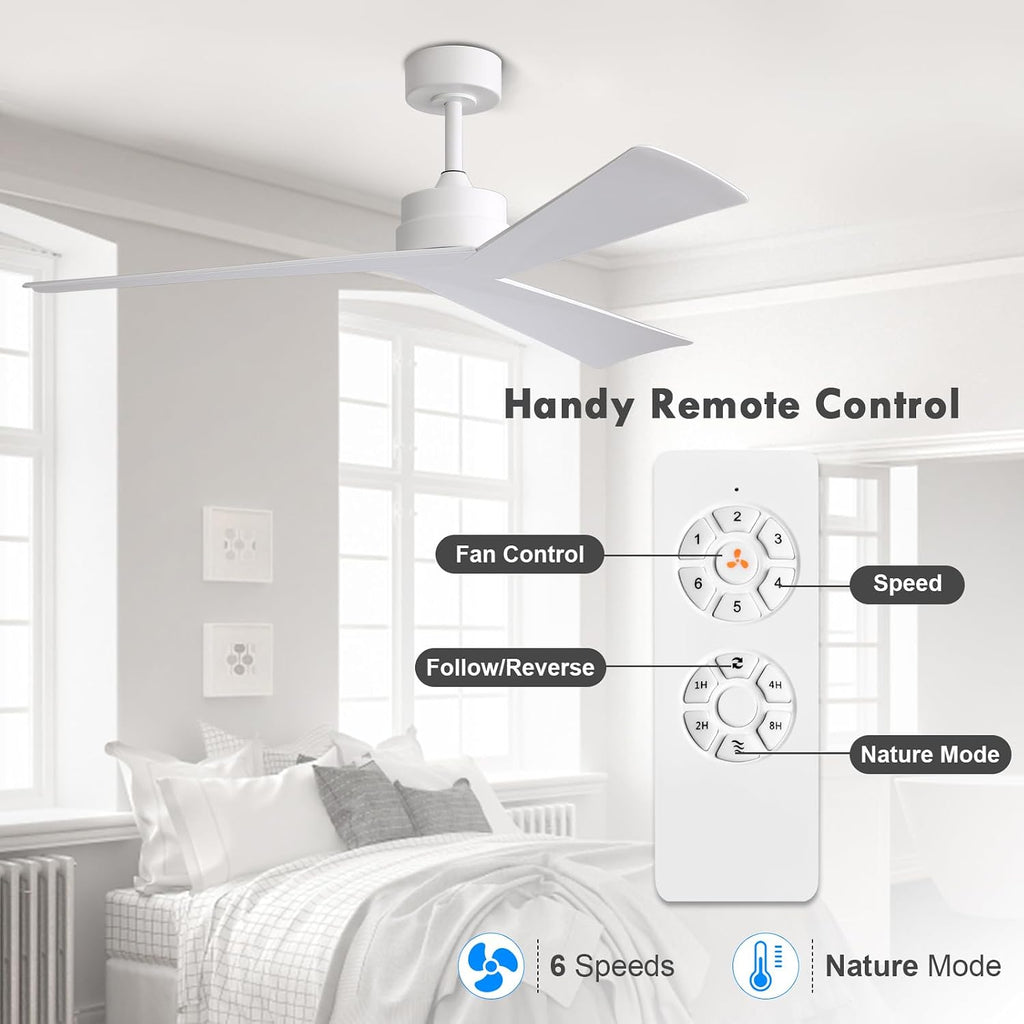 Inspired Adler Style 52" DC Ceiling Fan Without Light, 3 Sculpted ABS Blades, 6-Speed Remote - White