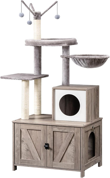 Cat Tree Tower with Litter Box Enclosure Indoor, Wooden Cat Condo with Scratching Posts, Litter Box Furniture Hidden