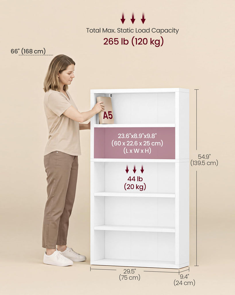 5-Tier Bookshelf, Minimalist Bookcase with Adjustable Shelves
