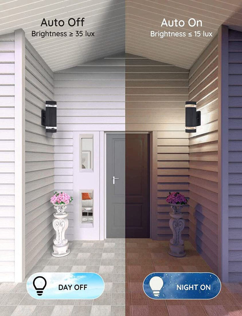 Dusk to Dawn Outdoor Wall Lights 2 Pack, Modern Exterior Lighting Fixtures Cylinder, Black Up and Down Lights, 5000K