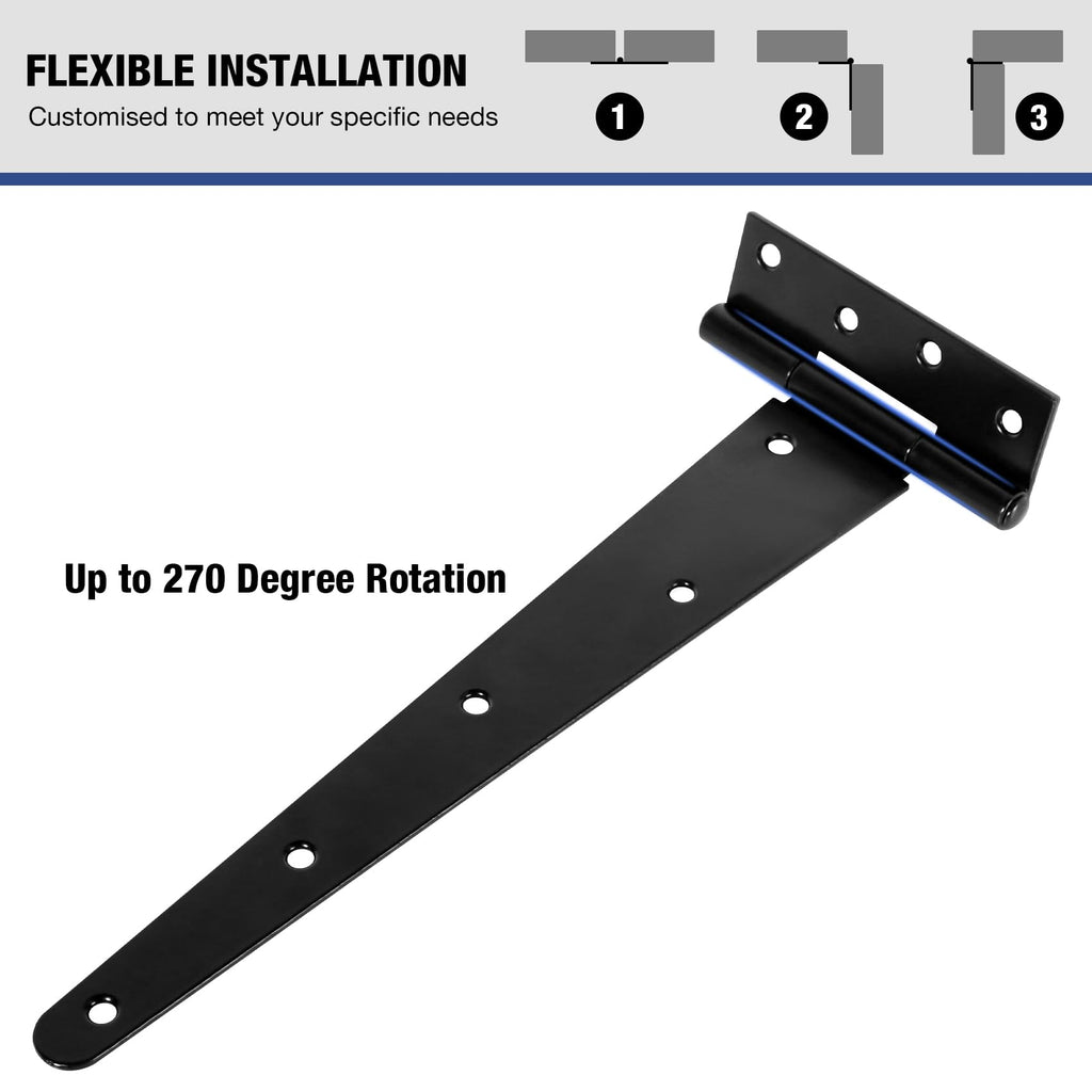 T Strap Black Gate Hinges 12 Inch for Barn Shed Door 2.5mm 4 Pack