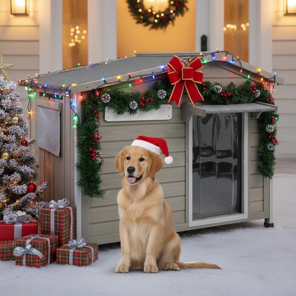 Large Outdoor Dog House for Small Medium Dogs, Weatherproof Wooden Kennel