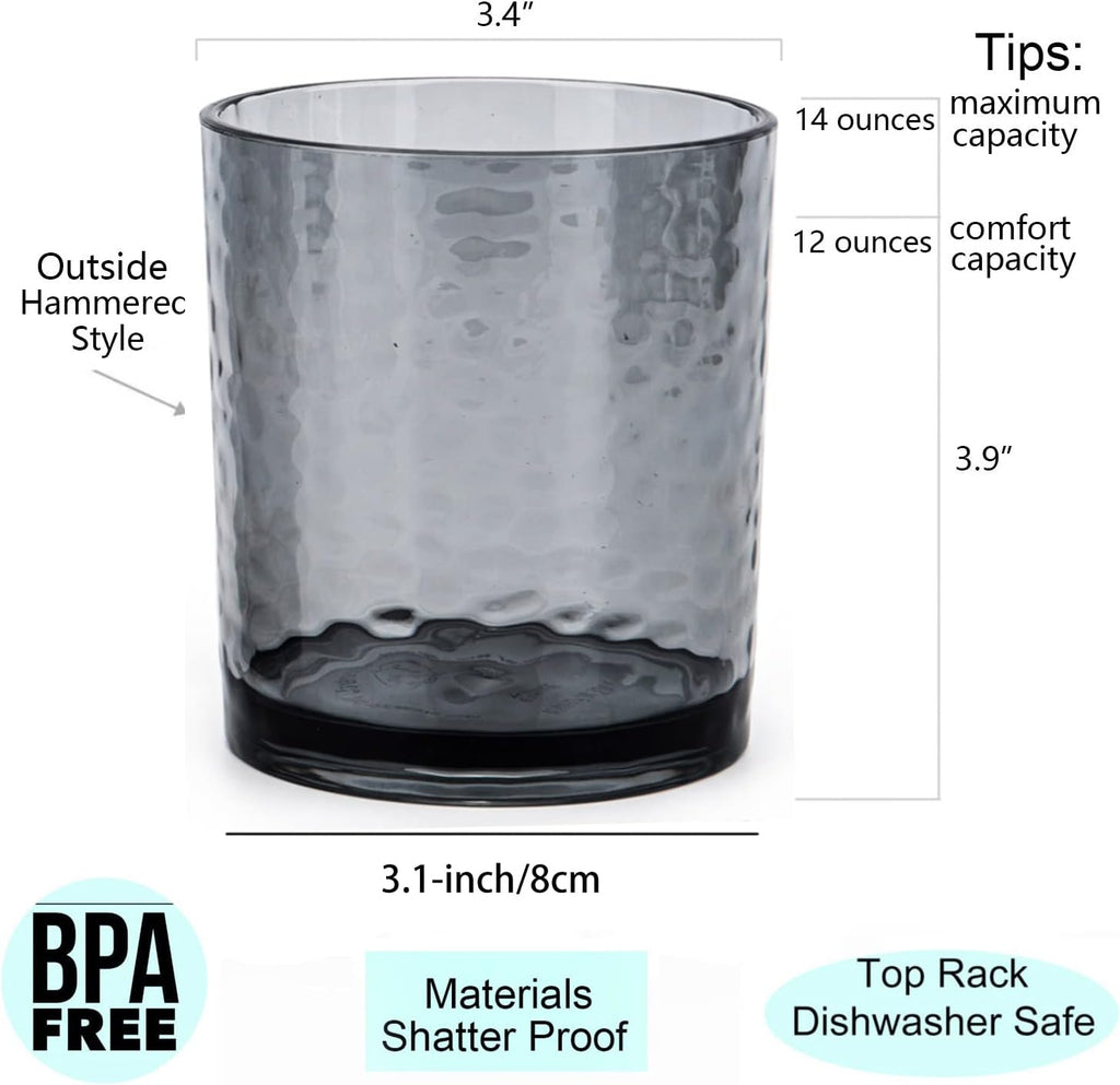14-ounce and 20-ounce Acrylic Glasses Plastic Tumbler, set of 8 Smoky Grey - Hammered Style, Dishwasher Safe, BPA Free