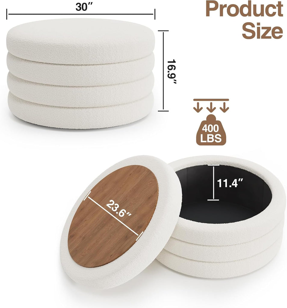 30 Inch Round Ottoman with Storage,Large Sherpa Coffee Table | Modern Ottomans with Removable Lid