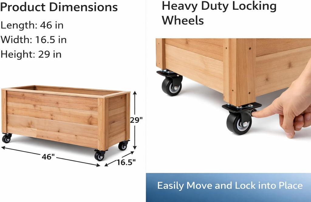 Tall Cedar Planter Box with Locking Wheels - Mobile Raised Garden Bed , Balcony & Business Entrances - Wooden Planter