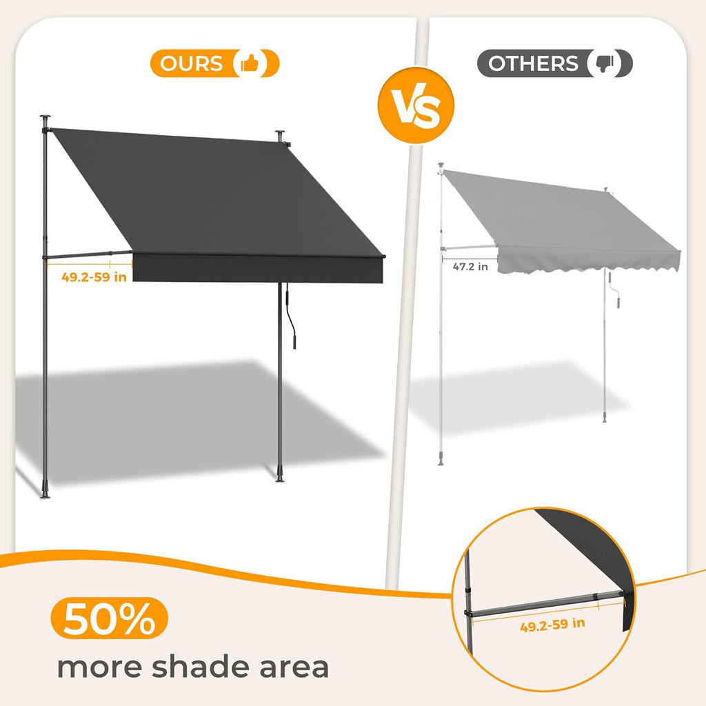 Manual Retractable Awning, 79" W x 118" H Retractable Side Bar 47-59", Outdoor Patio Awnings Height Adjustable