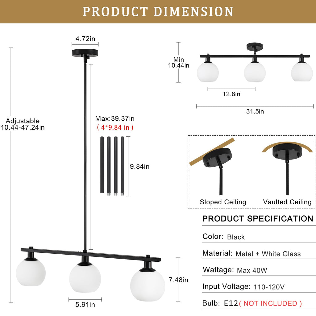 Kitchen Island Lighting 3 Lights Linear Pendant Light Fixtures With Milk Glass Shades Black Farmhouse Chandeliers