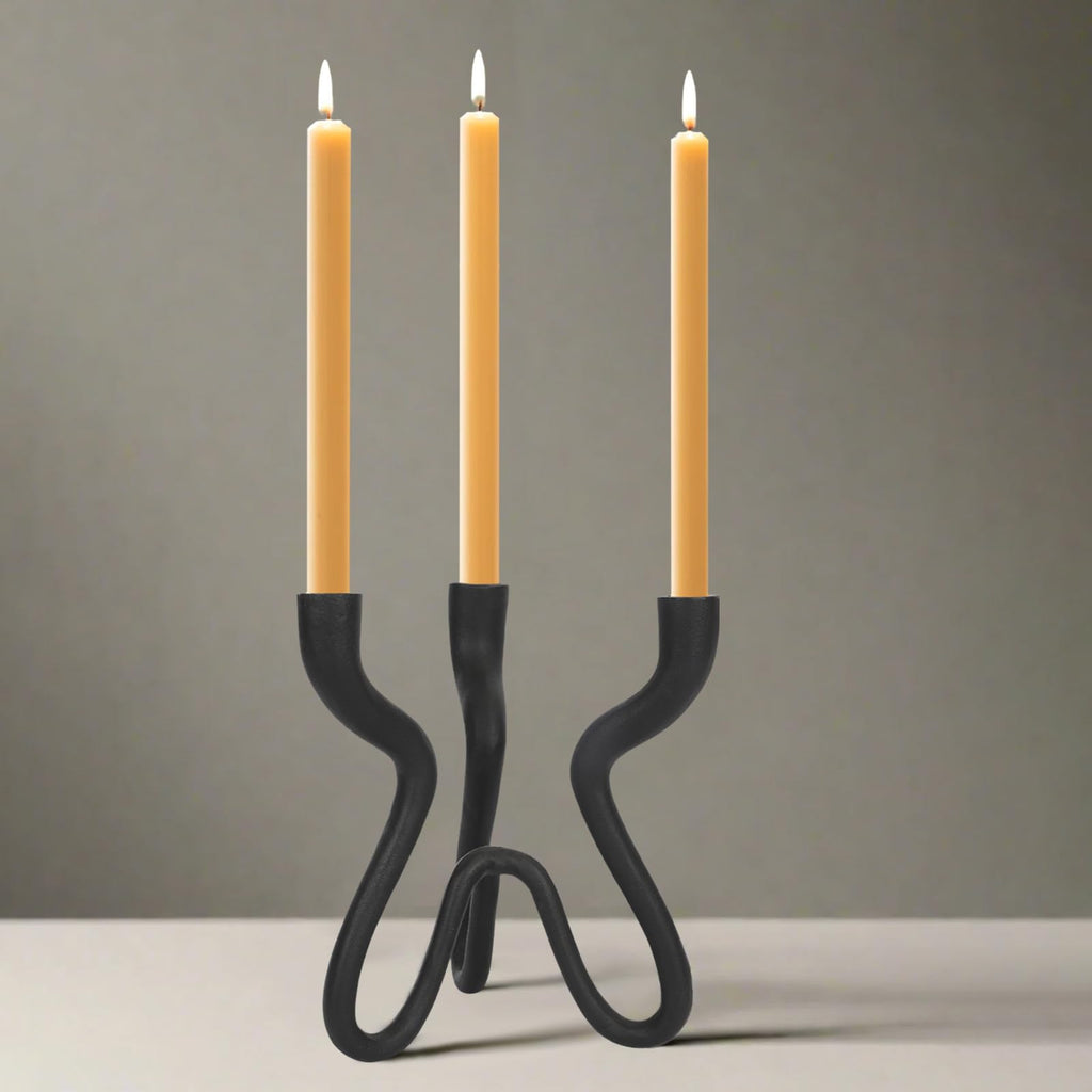 Triple Candle Holder Candelabra - Cast Iron Metal Taper Candlestick Stand with Matte Black Finish - Elegant Wedding