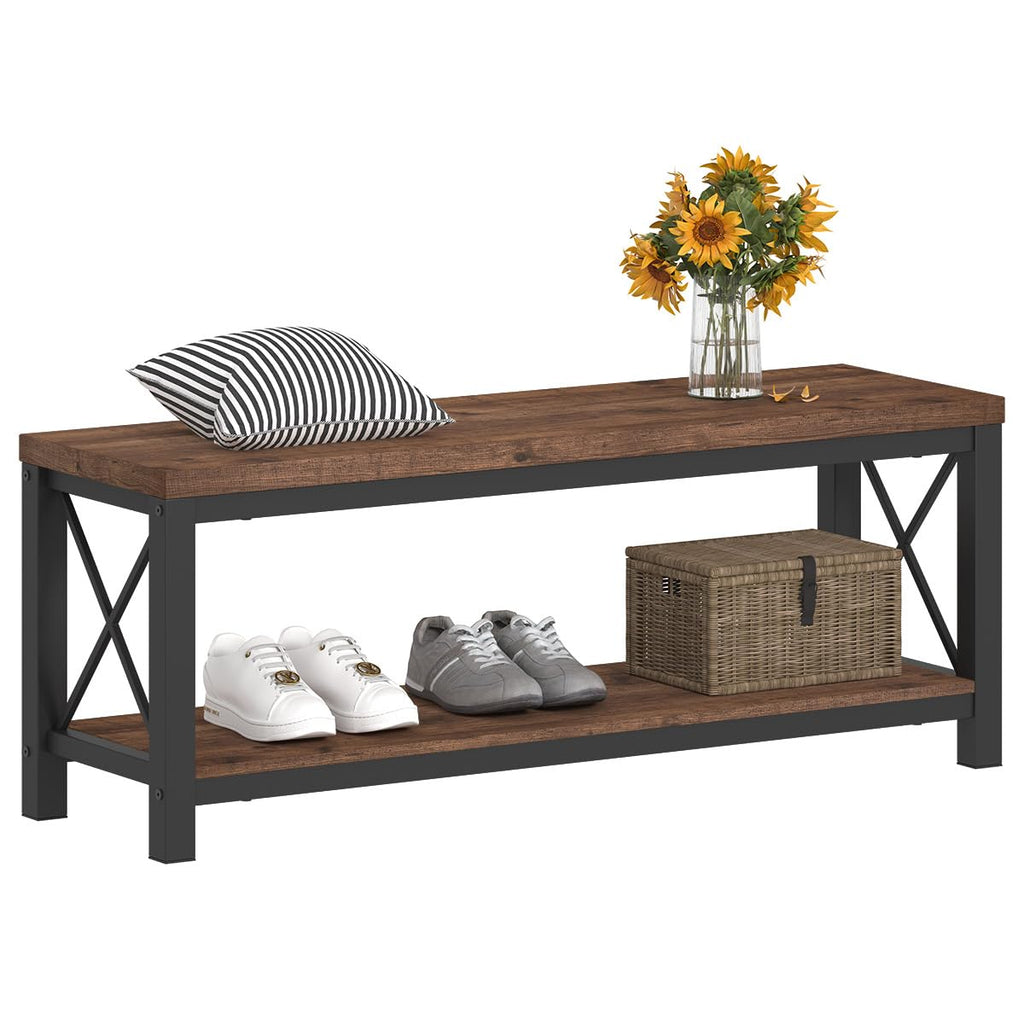 Entryway Bench with Storage, 2 Tier Rustic Shoe Bench, 47 inch