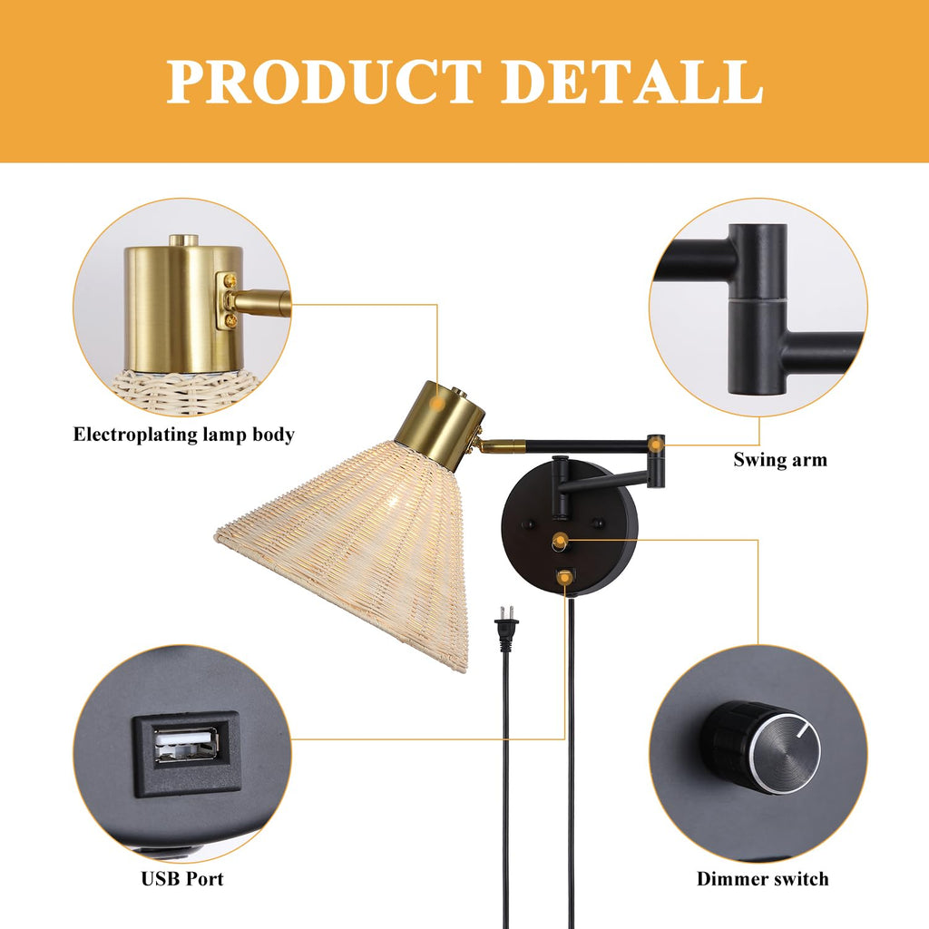 Plug in Rattan Wall Sconce Swing Arm Wall Lamp, Black