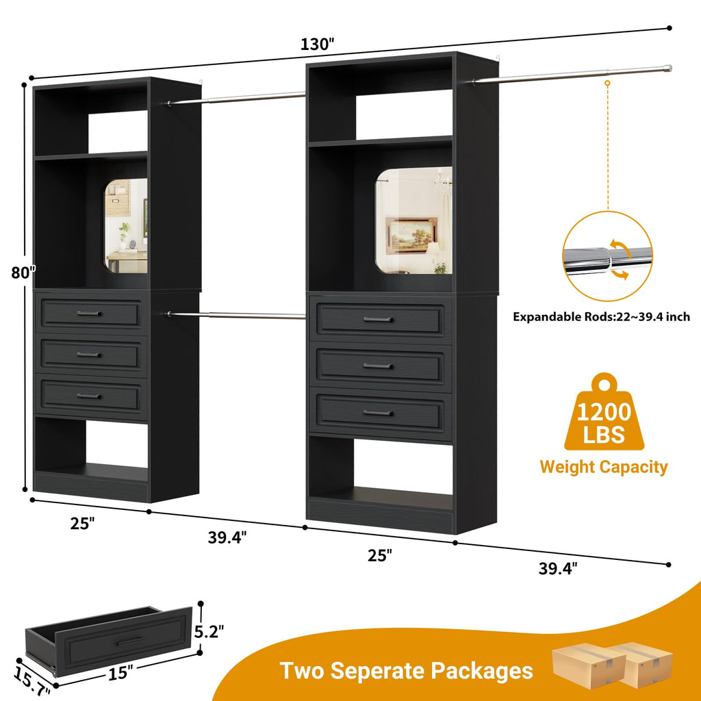 6-14FT Wood Closet System with 6 Drawers and Mirror, Black