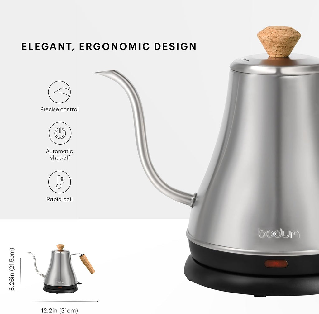 27oz Melior Gooseneck Electric Water Kettle, Pour Over Coffee & Tea, Brushed Stainless Steel