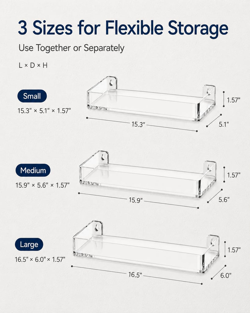 Acrylic Floating Shelves, Clear Perfume Shelf for Wall, Set of 3