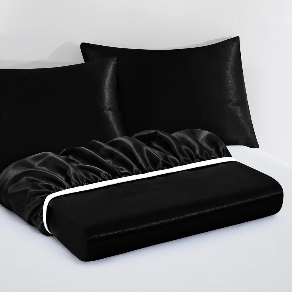 3pcs Extra Deep Pocket Satin Fitted Sheet Set King Bed Set, Black Bottom Sheet Fit 18-24 Inch Deep Pocket Mattress