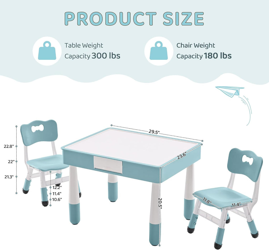 Kids Table & 2 Chairs Set, Double-Sided with Storage,Grayish Blue