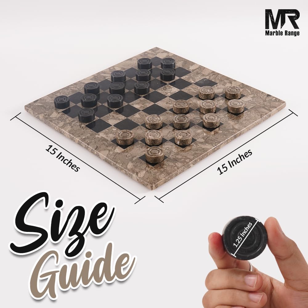 Marble Checkers Board Game 15 Inches Oceanic and Black Handmade 2-Player Tournament Checker Set, Board Game Set - Set of 33