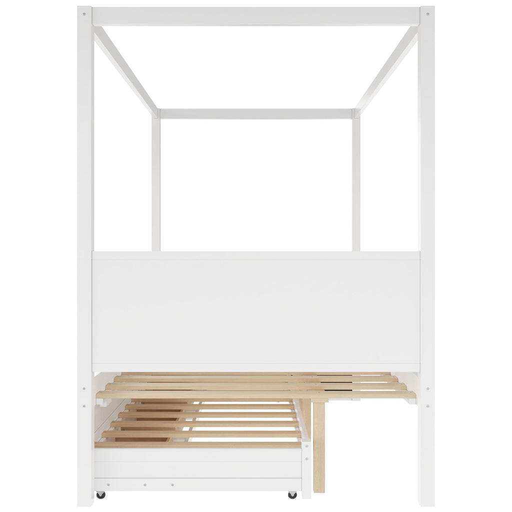 Canopy Bed Frame, Farmhouse Wood 4 Poster Platform Bed with Storage Drawers and Trundle, No Box Spring