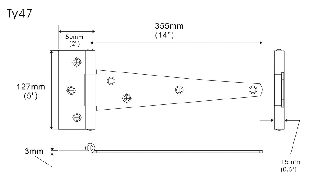Extra Heavy Duty Tee Hinge, 14"x5"x3.0mm, Steel, Hot Galvanized, with Solid Brass Pin, 2 Pack