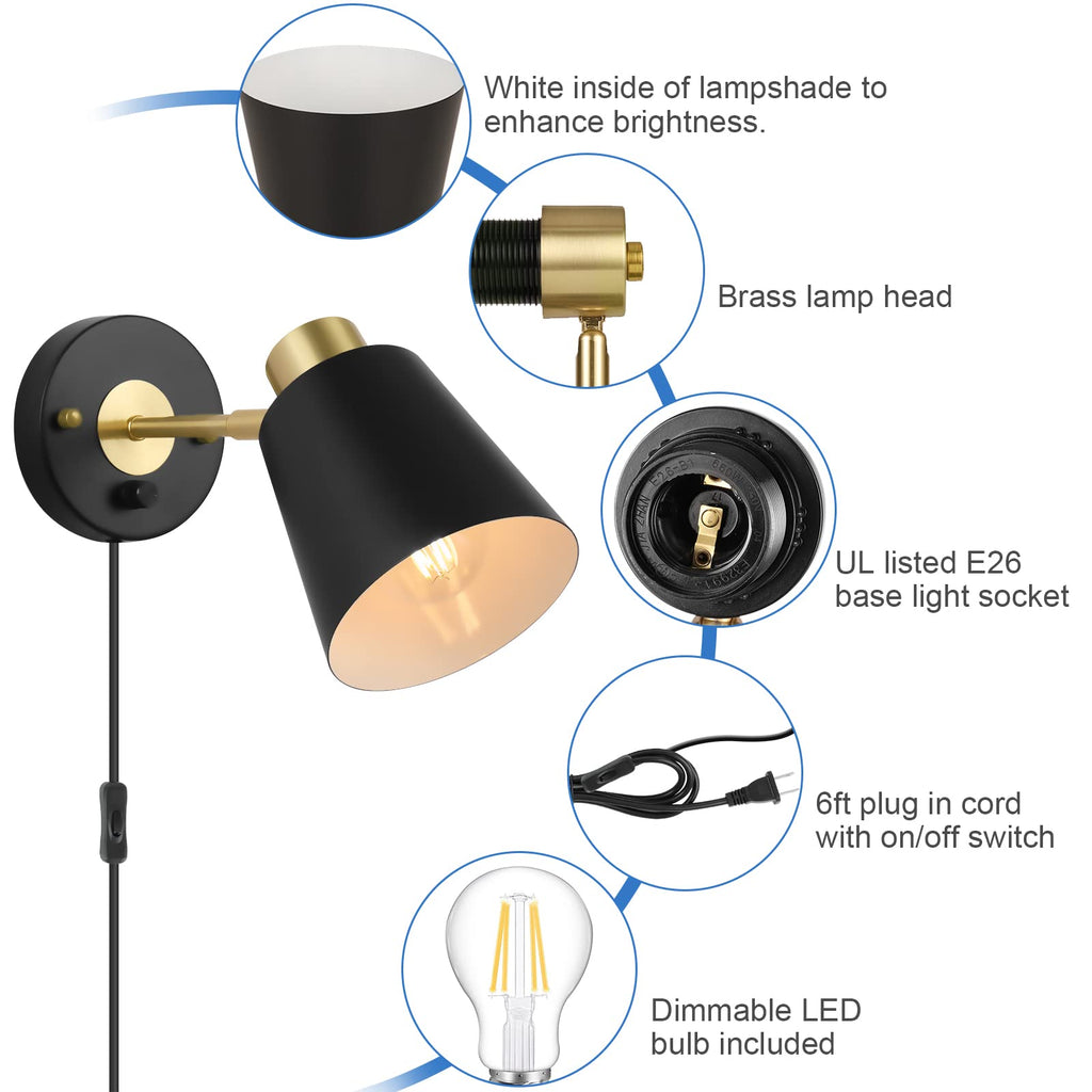 Wall Sconce Plug in, Dimmable Wall Sconces Adjustable Wall Lights with Plug in Cord and Dimmer On/Off Rotary Switch