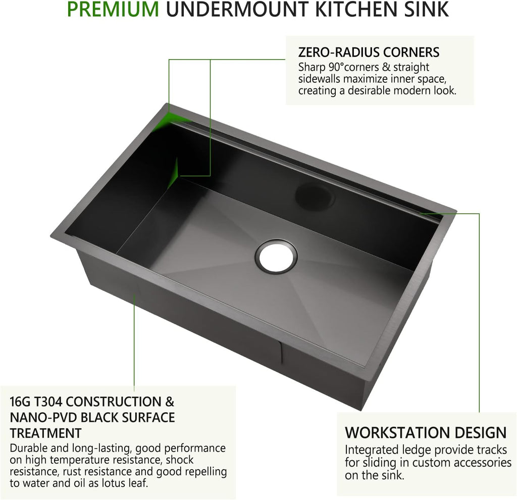 32x19 Black Undermount Kitchen Sink, 32 Inch 16Gauge Black Stainless Steel Undermount Kitchen Sink, Single Bowl