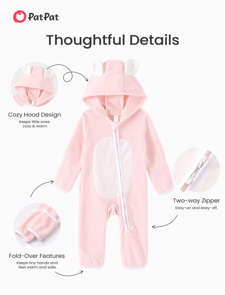Baby Fleece Hooded Footie, Soft & Warm Outfit Bear Pink