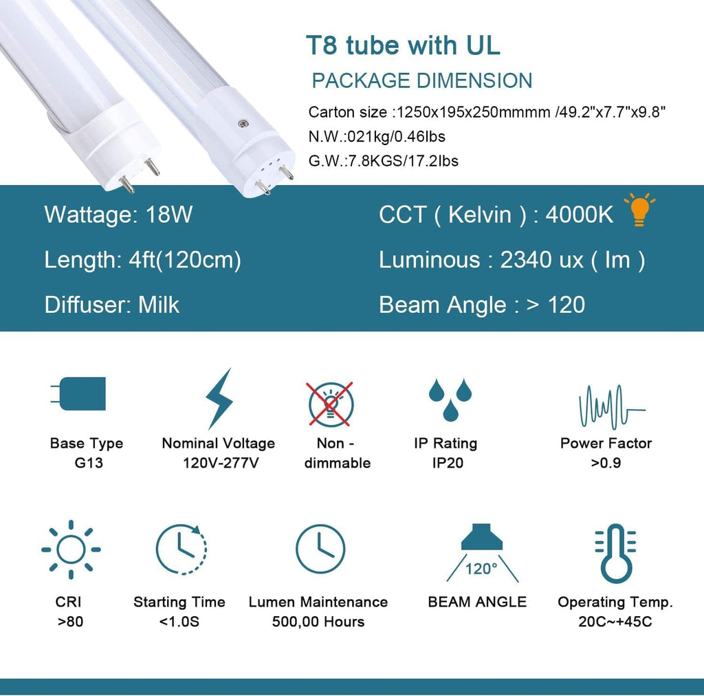4FT LED T8 Ballast Bypass Type B Light Tube, 18W, Single-Ended & Dual-Ended Connection, 2340LM, G13 Base,T8 T10 T12