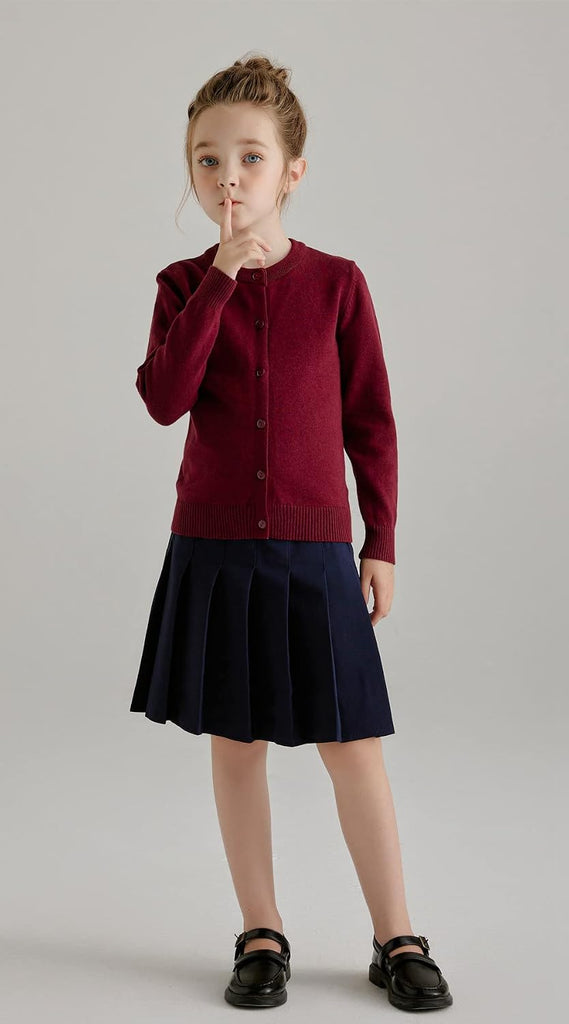 Girl School Uniform Sweater Anti-Pill Cotton Cardigan Crew Neck