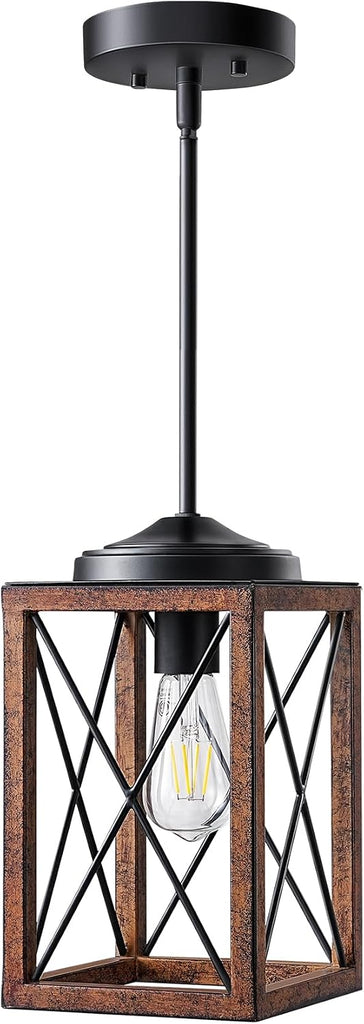 Farmhouse Pendant Light, Metal Hanging Light Fixture with Wooden Grain Finish, 48 Inch Adjustable Pipes for Flat and