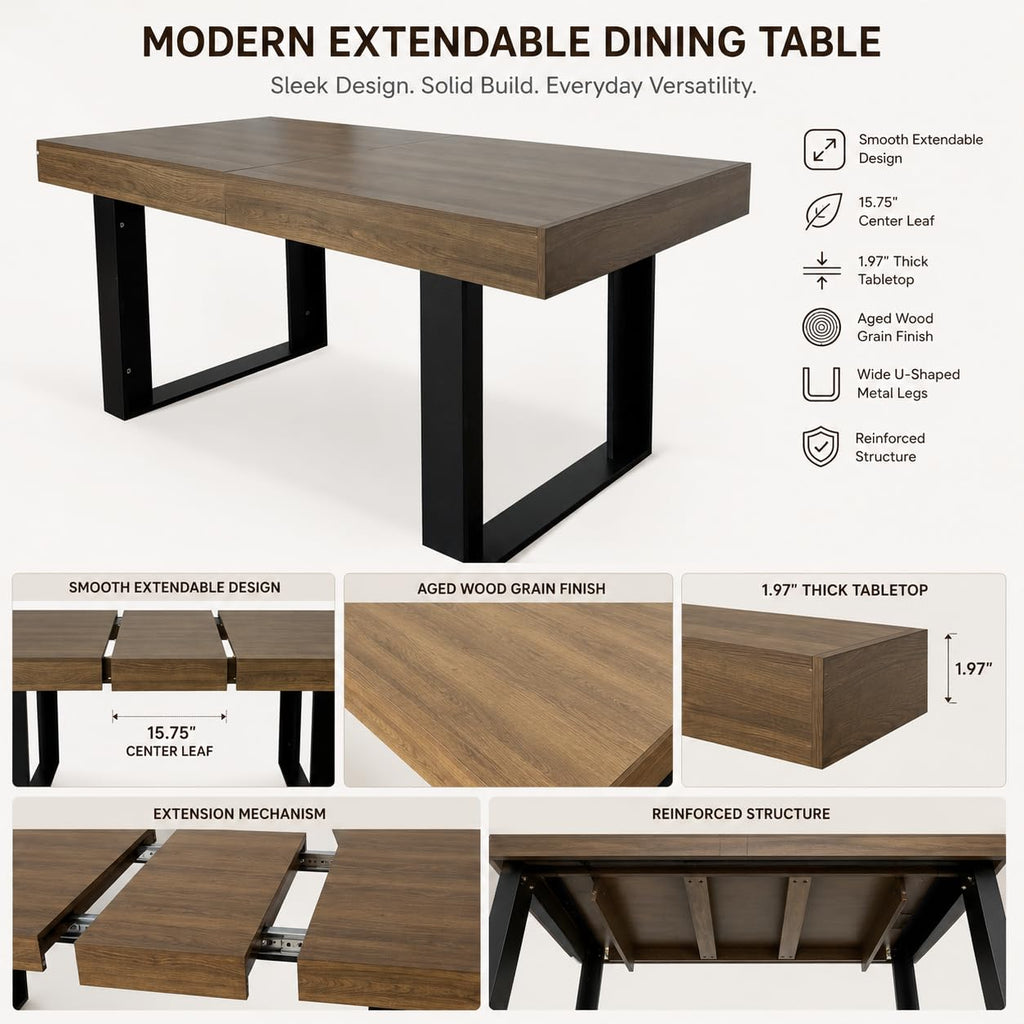 Extendable Dining Table Set for 6, 63"-79" Large Rustic Kitchen Table Set