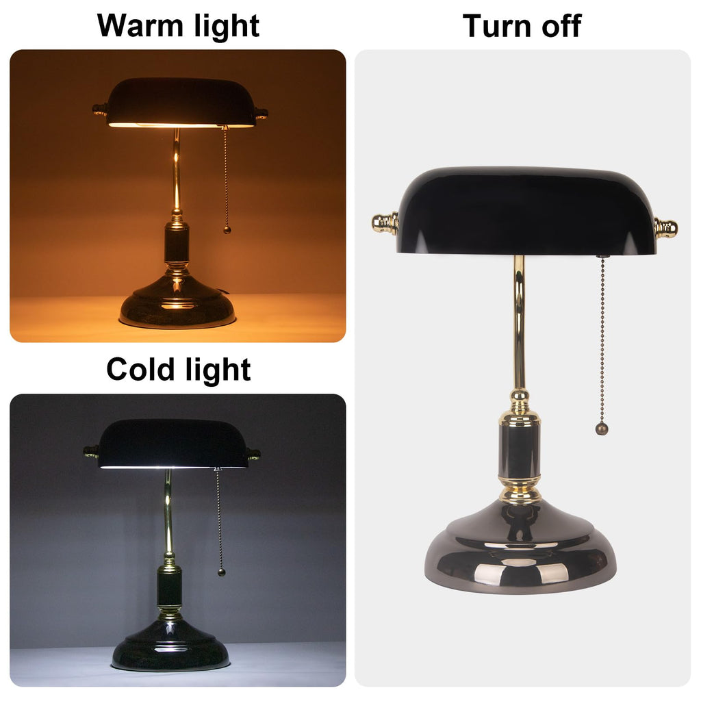 Bankers Desk Lamp with Pull Chain Switch Plug in Fixture, Black Glass Shade Desk Lamps, Golden and Black E26 Base