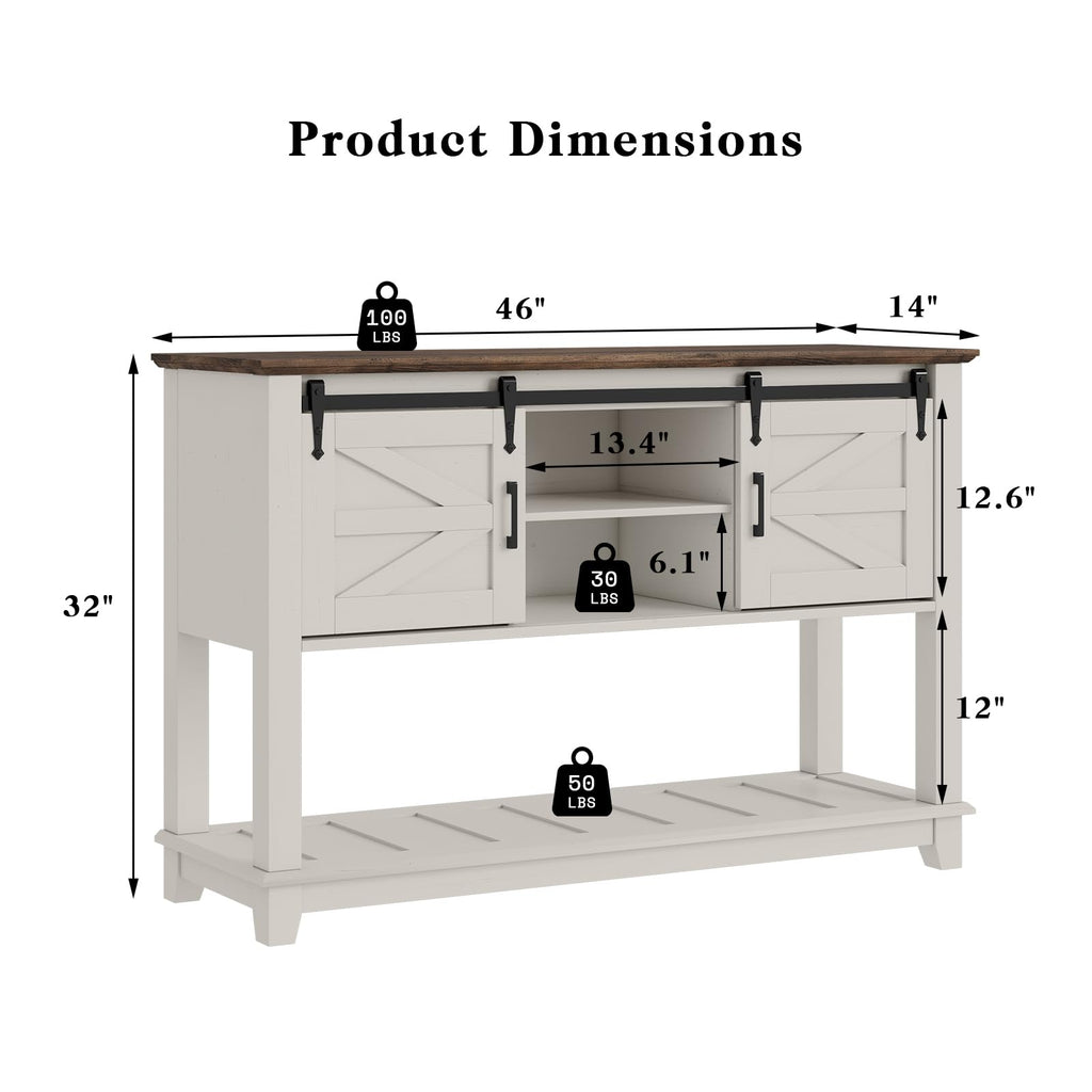 46" Farmhouse Console Table with Sliding Barn Doors, Antique White