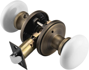 White Door Knobs, Porcelain Round Door Handle with Antique Brass Plate
