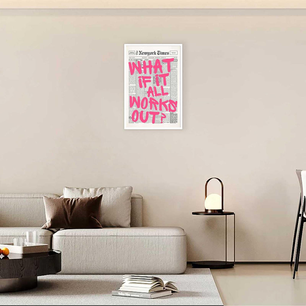 Retro Newspaper Pink Font Poster What If It All Works Out Canvas Wall Art Positive Affirming Quote Minimalist Prints