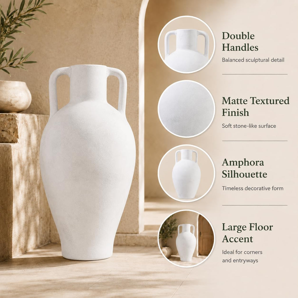 20.5in Ceramic Floor Vase with Handles | Hand-Painted Glaze Craft, Pure White Finish, Light Black Speckled Accents