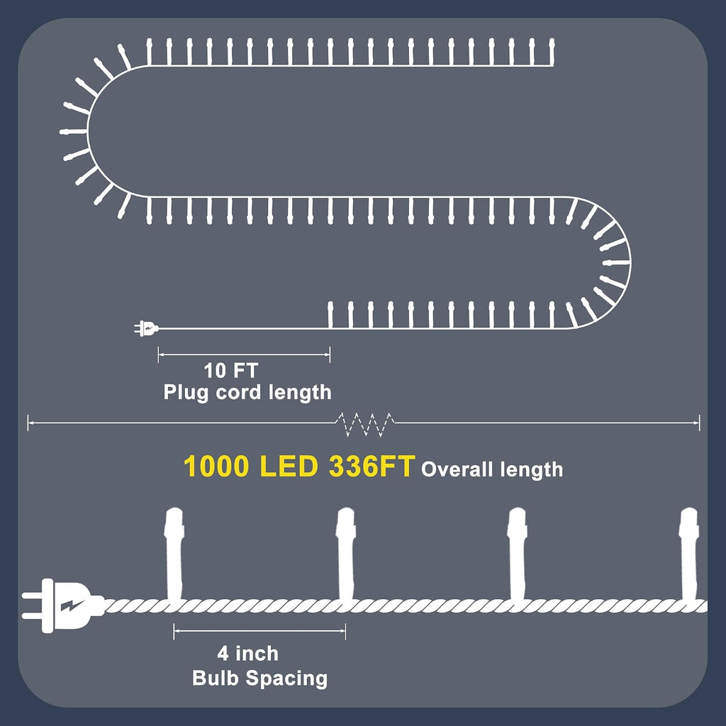 Christmas Light 1000 LEDs 336ft Green Cable Wire Fairy String Tree Twinkle Lights Plug in 12 Modes for Christmas